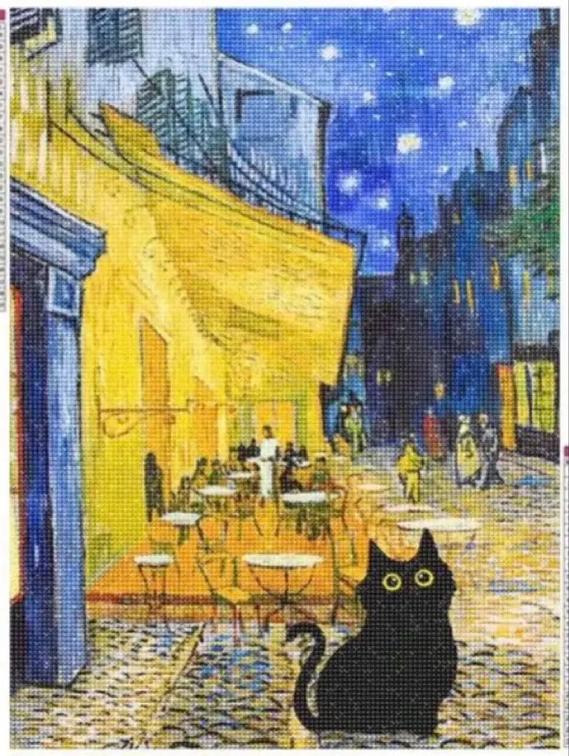 El gato de "Van Gogh" y la terraza de un café por la noche Diamond Art