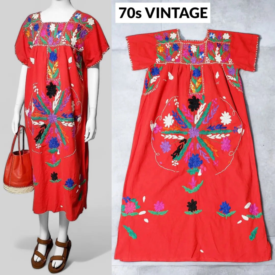 70s VINTAGE★Mexican dress★Embroidered long dress★USA vintage clothing