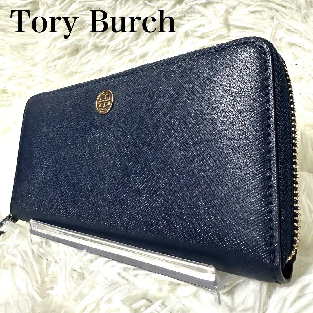 Tory Burch Long Wallet Round Zip Gold Hardware Saffiano Leather Navy