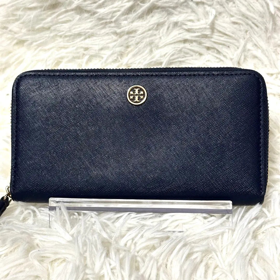 Tory Burch Long Wallet Round Zip Gold Hardware Saffiano Leather Navy