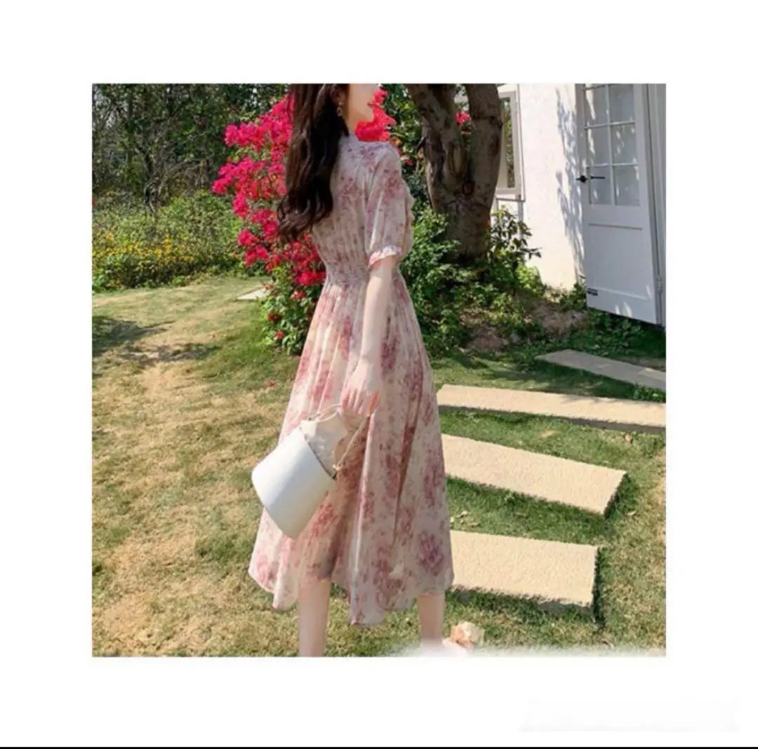 [Vestido acampanado L] Tipo rosa ♦️Nuevo estampado floral femenino para dama Línea A