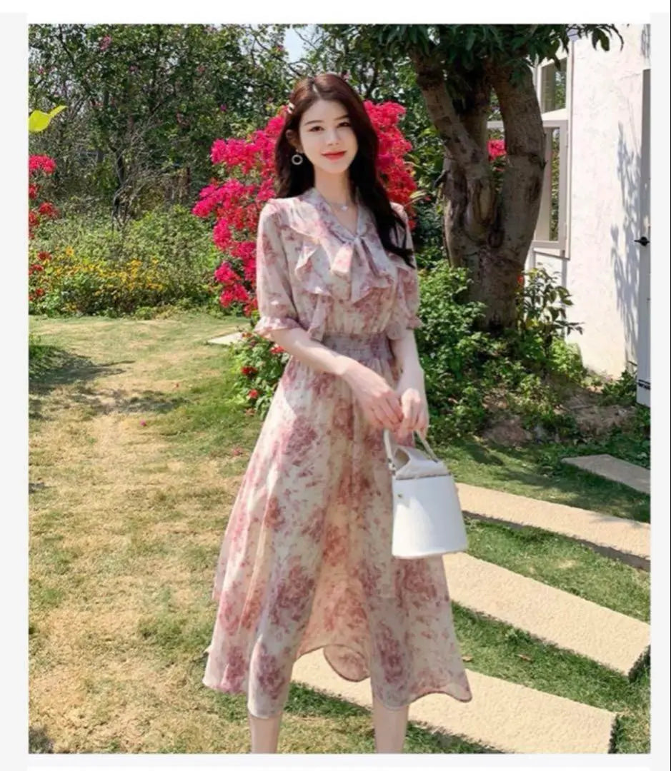 [Flare Dress L] Pink type ♦️New floral pattern feminine lady A-line