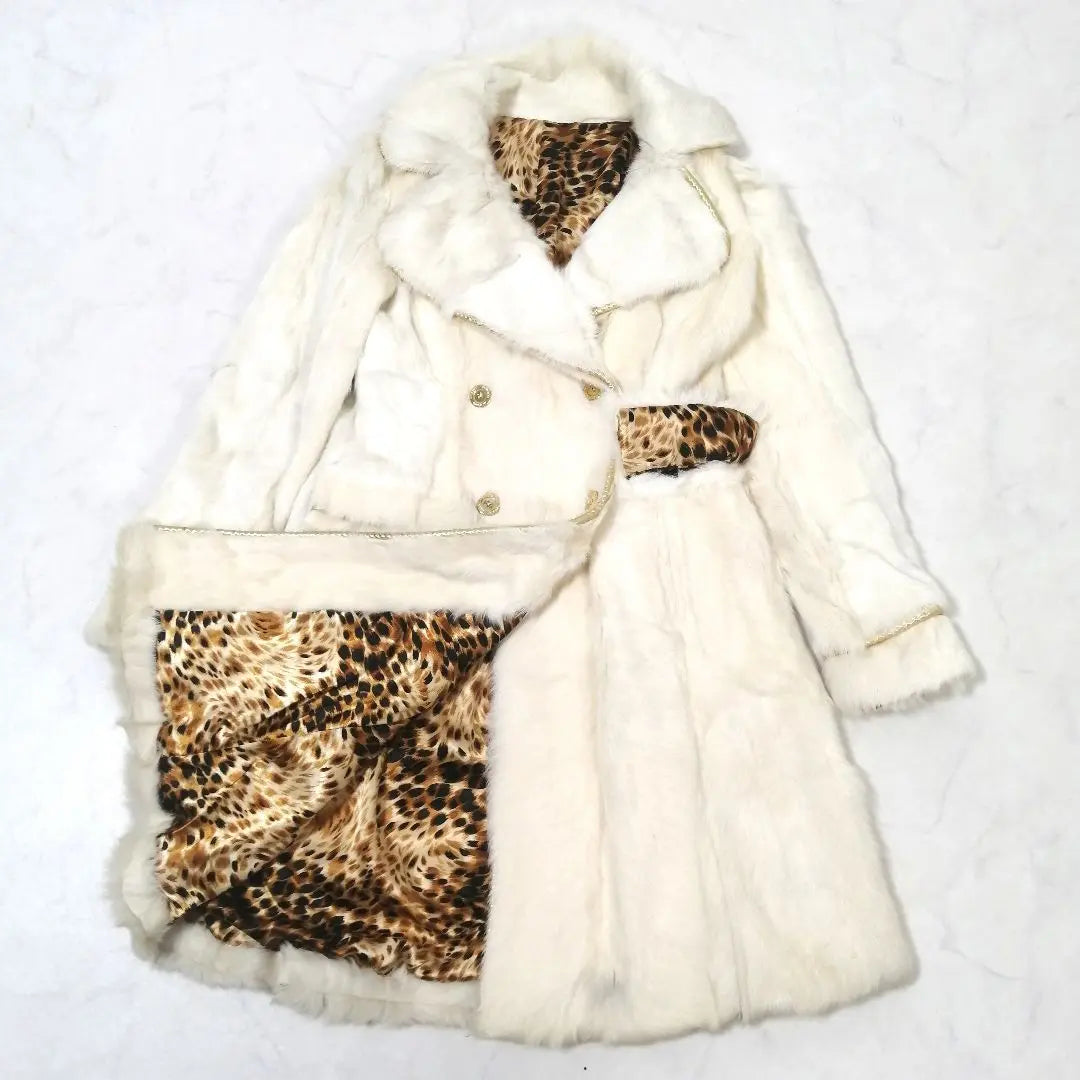 Superb condition ✨ Rare! Fur long coat, rabbit, leopard, gold button, flare, white