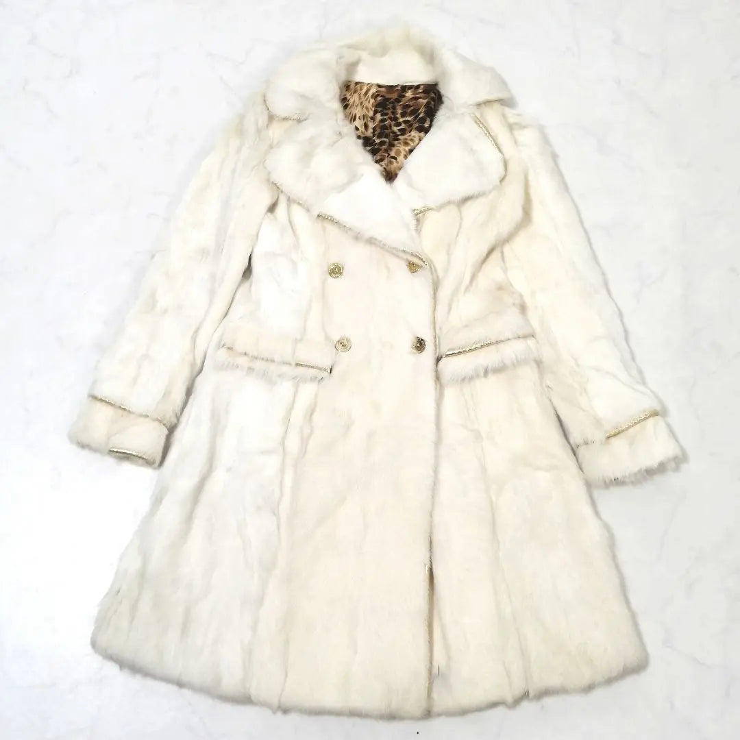 Superb condition ✨ Rare! Fur long coat, rabbit, leopard, gold button, flare, white