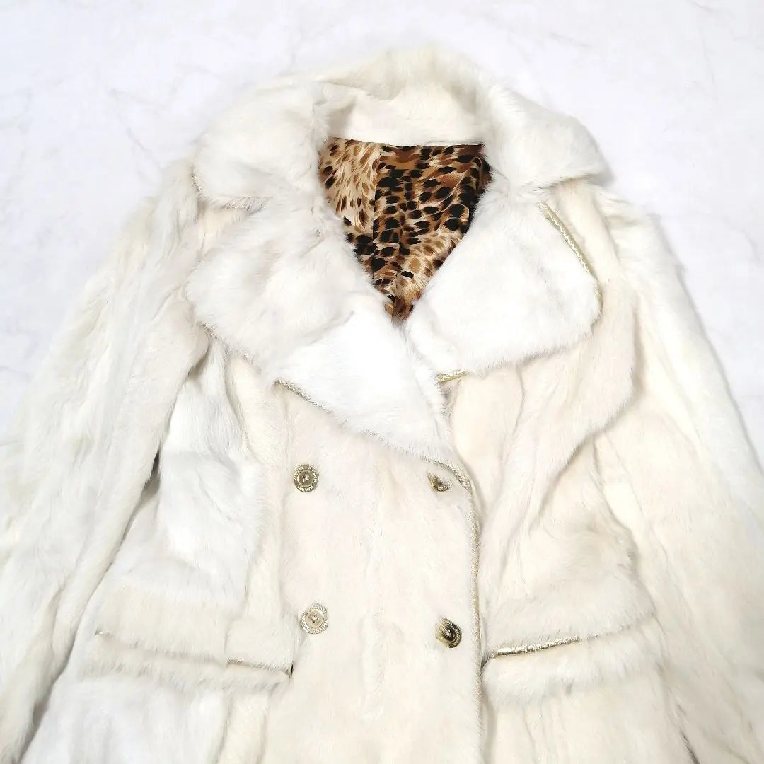 Superb condition ✨ Rare! Fur long coat, rabbit, leopard, gold button, flare, white