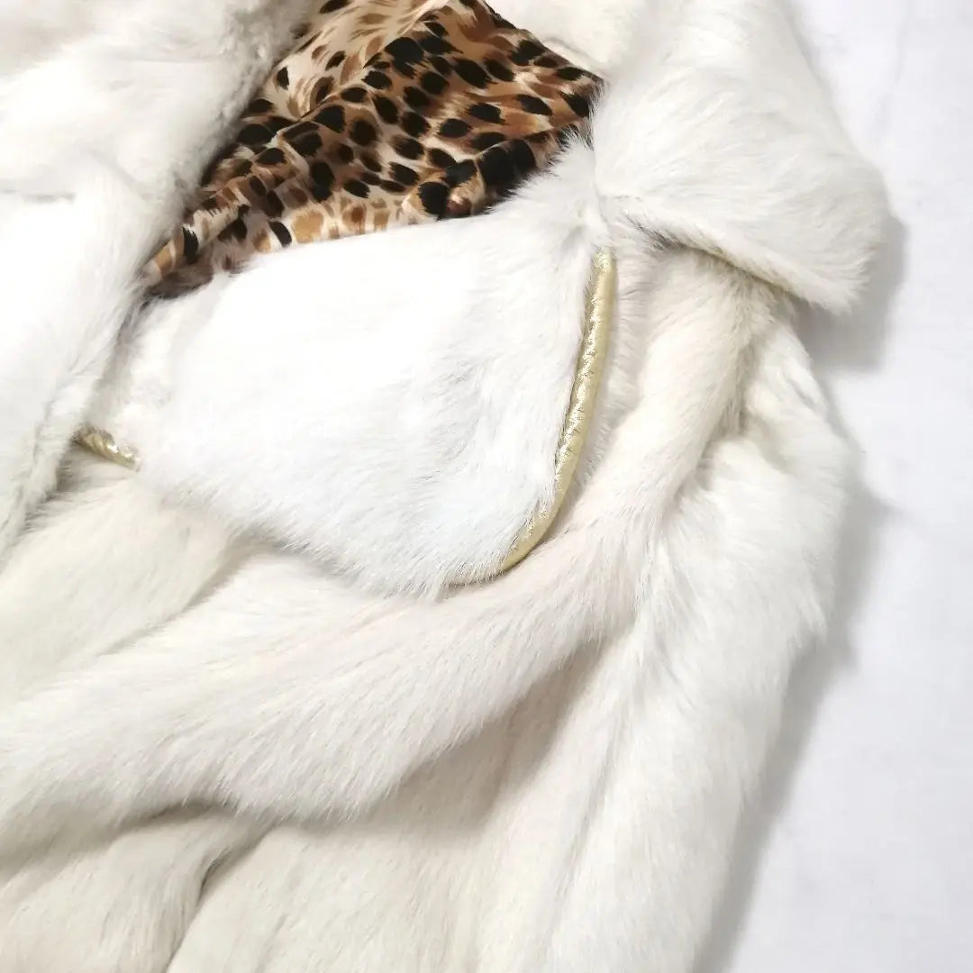 Superb condition ✨ Rare! Fur long coat, rabbit, leopard, gold button, flare, white