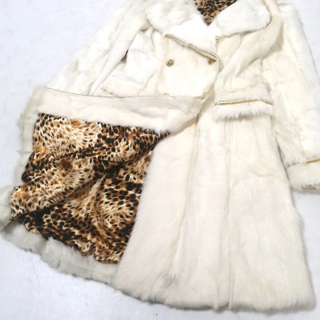 Superb condition ✨ Rare! Fur long coat, rabbit, leopard, gold button, flare, white