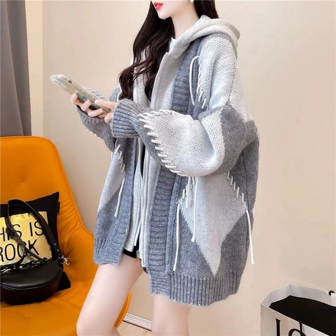 Hooded Argyle Knit Cardigan Sweater Hoodie Women's | フード付きアーガイルニット　カーディガン　セーター　パーカー　レディース