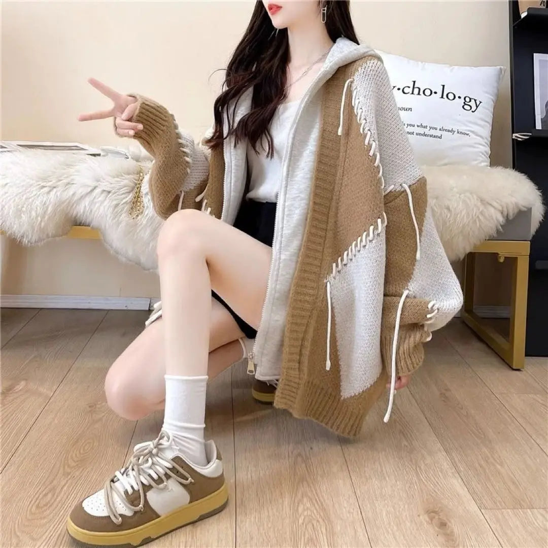 Hooded Argyle Knit Cardigan Sweater Hoodie Women's | フード付きアーガイルニット　カーディガン　セーター　パーカー　レディース