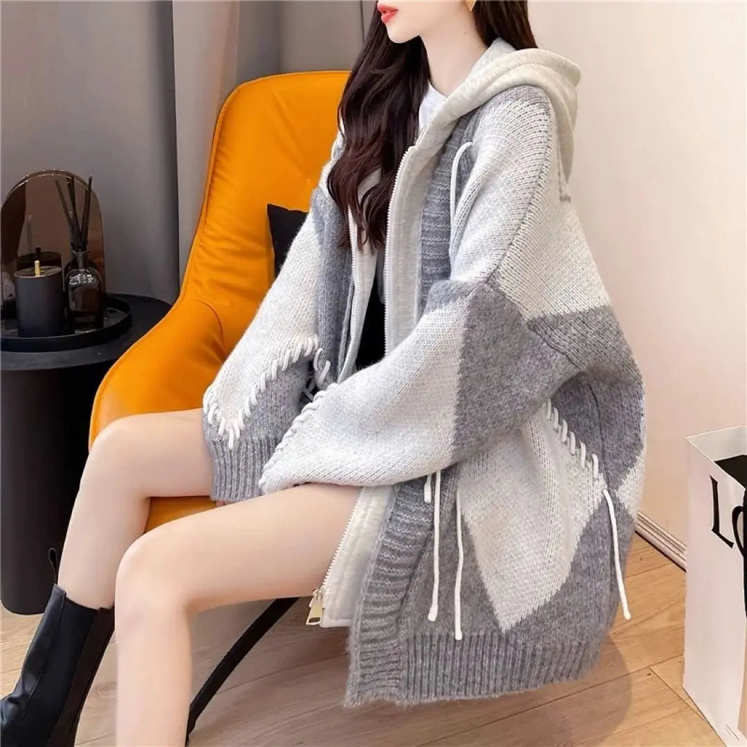 Hooded Argyle Knit Cardigan Sweater Hoodie Women's | フード付きアーガイルニット　カーディガン　セーター　パーカー　レディース