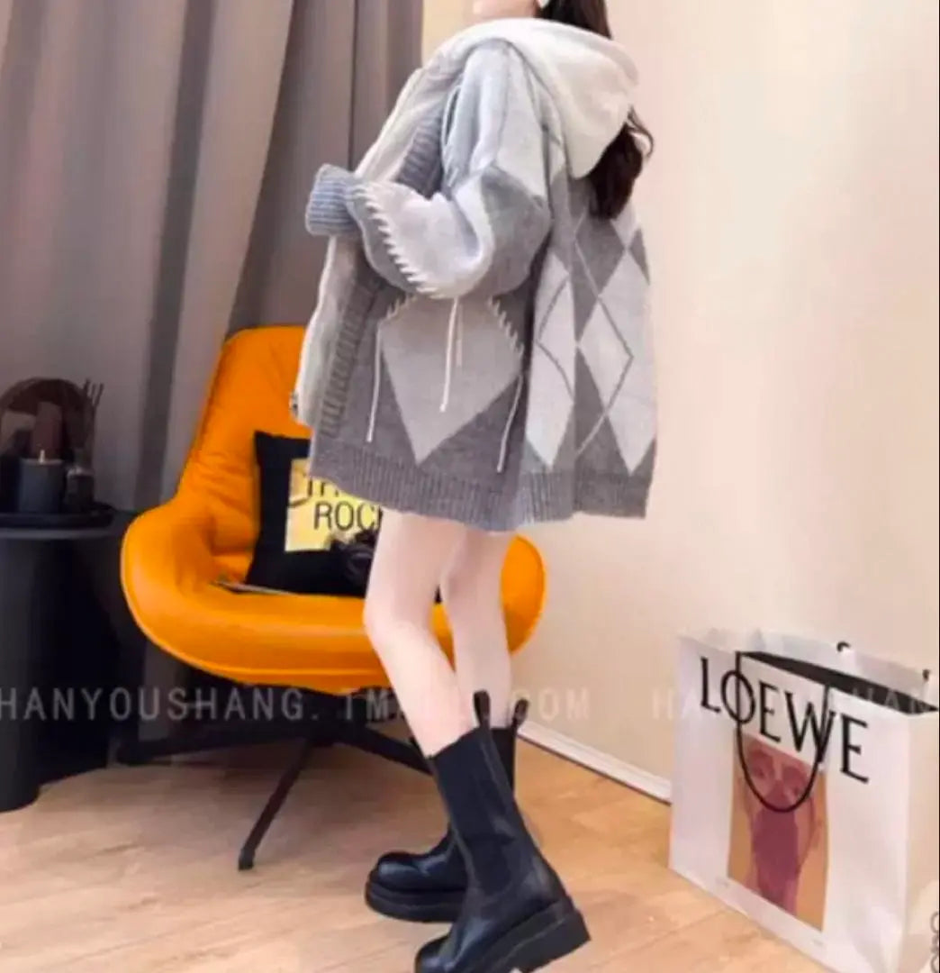 Hooded Argyle Knit Cardigan Sweater Hoodie Women's | フード付きアーガイルニット　カーディガン　セーター　パーカー　レディース