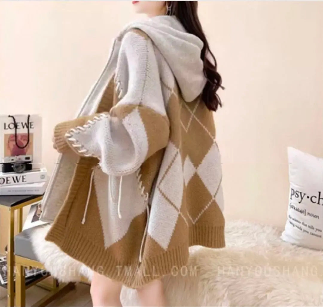 Cárdigan de punto Argyle con capucha para mujer | フード付きアーガイルニット カーディガン セーター パーカー レディース