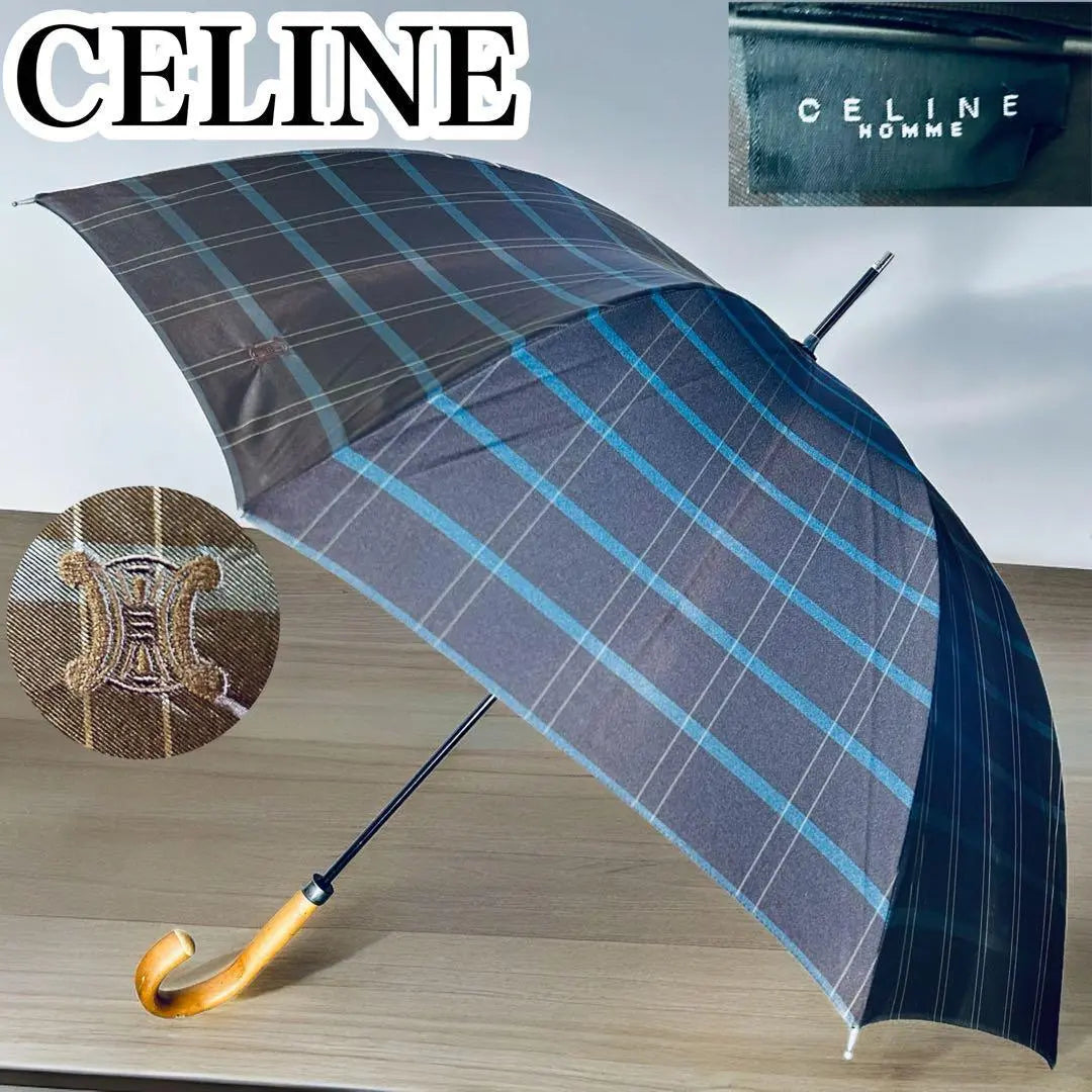 Rare CELINE Rain Umbrella Navy Check Macadam Logo Handle Wooden