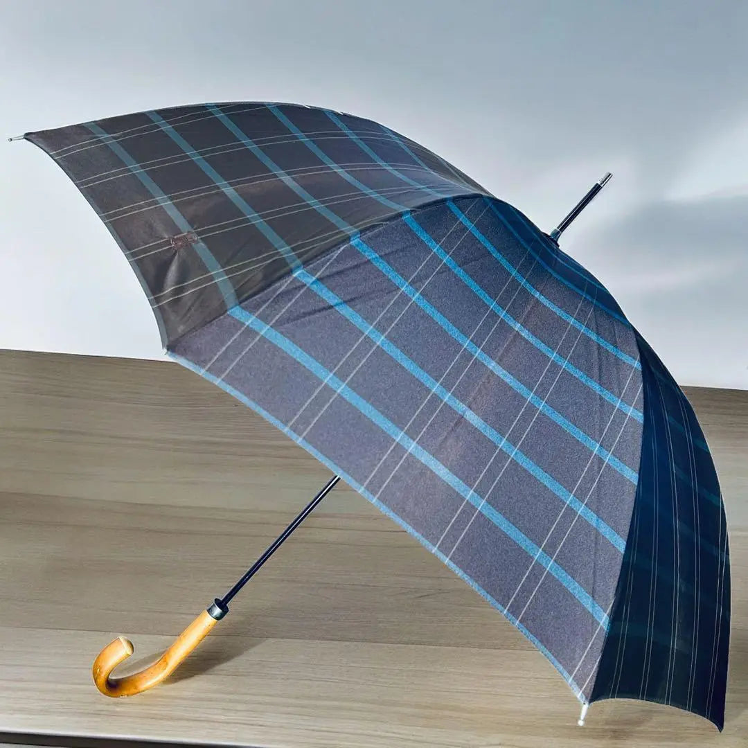 Rare CELINE Rain Umbrella Navy Check Macadam Logo Handle Wooden