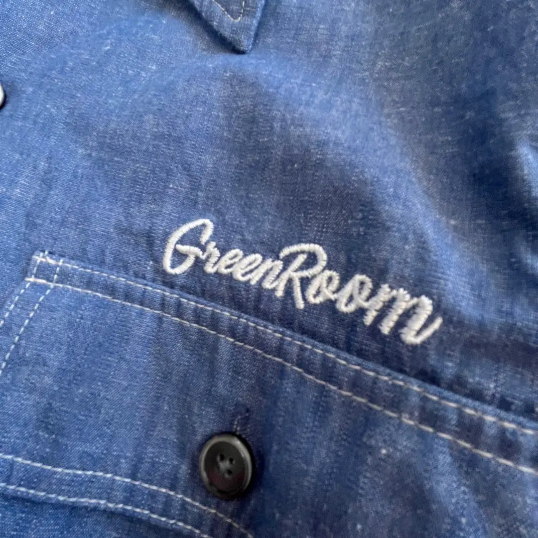 GREEN ROOM Shirt M Linen Chambray Logo Embroidered Shell Button Long Sleeve