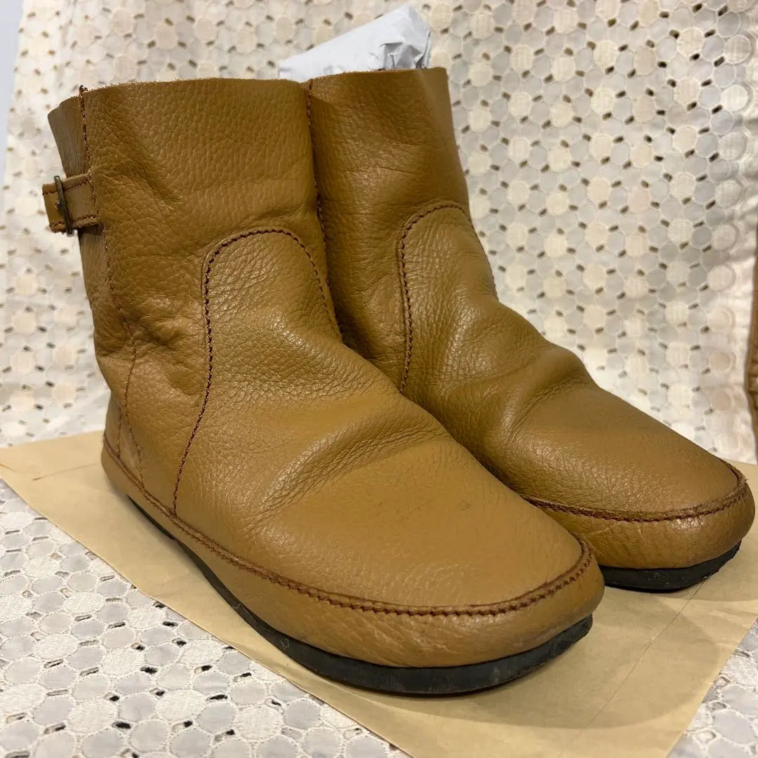 ◆ Camel Leather Boots L Short Length