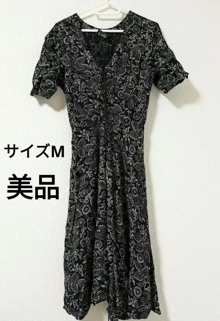 STARINA Black and White Floral V-neck Short Sleeve Long Dress Vintage