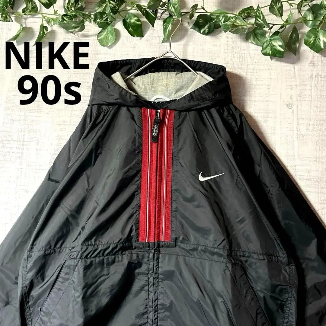 90's Nike NIKE Hooded Nylon Jacket Embroidered Black M Equivalent