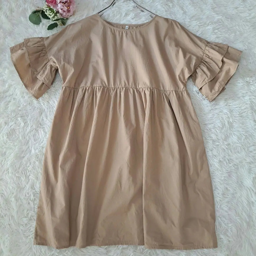 ZOCIYA Sleeve Ruffles Short Sleeve Tunic Loose Beige Free Size