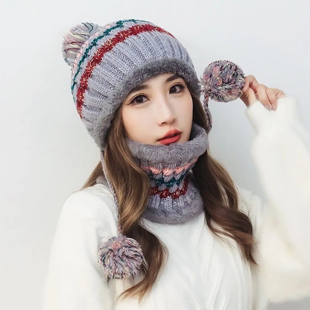 Knitted hat, neck warmer, 2-piece set, women's boa lining, pom pom lining, brushed lining | ニット帽 ネックウォーマー 2点セット レディース 裏ボア ポンポン 裏起毛