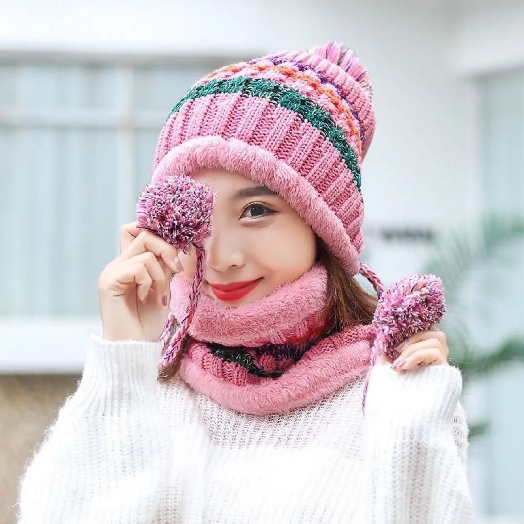 Knitted hat, neck warmer, 2-piece set, women's boa lining, pom pom lining, brushed lining | ニット帽 ネックウォーマー 2点セット レディース 裏ボア ポンポン 裏起毛