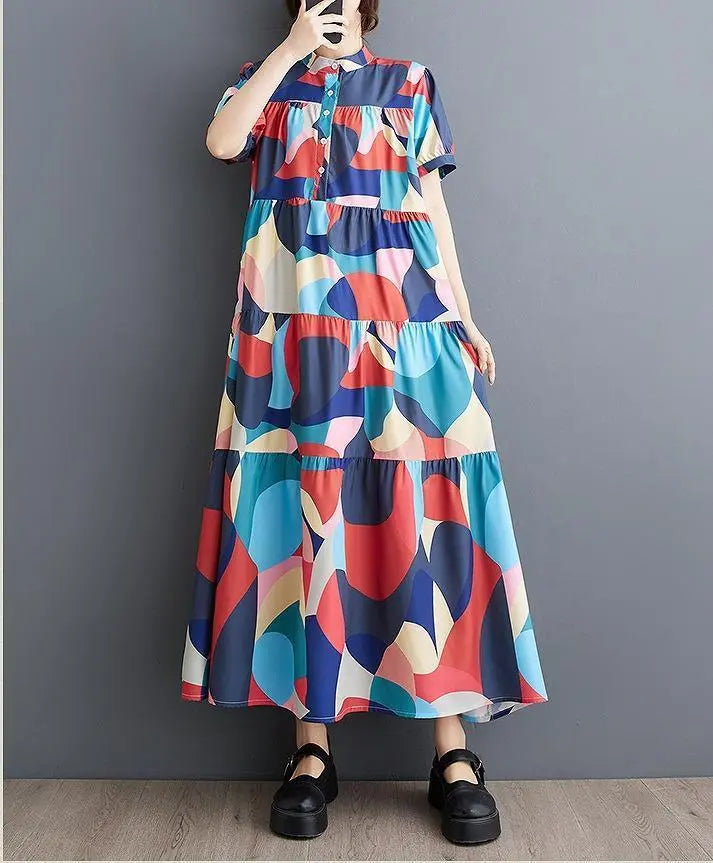 Large size women's long dress, spring/summer, autumn, new, short sleeve shirt