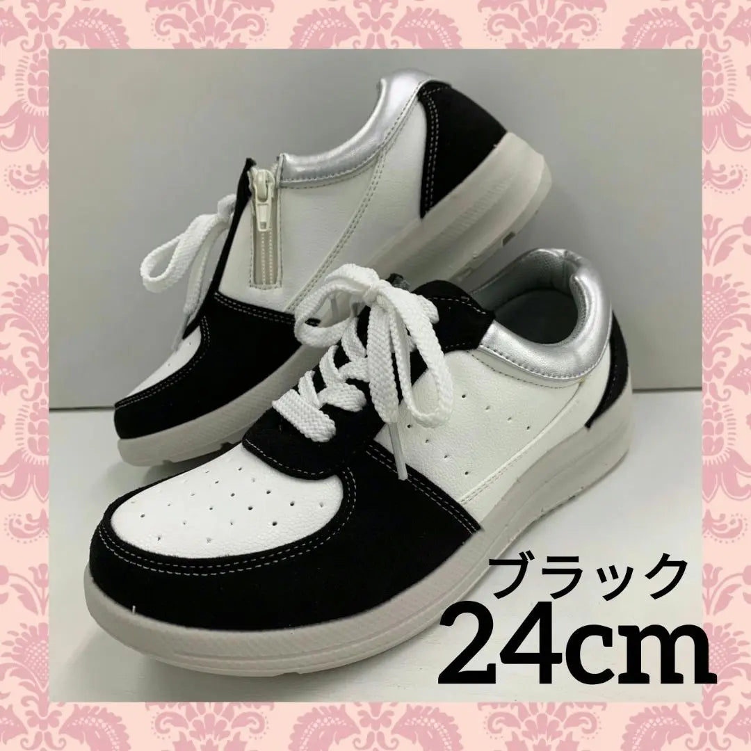 Women's ♡ Lightweight/Wide/Inner zipper/Sneakers/24cm/White x Black