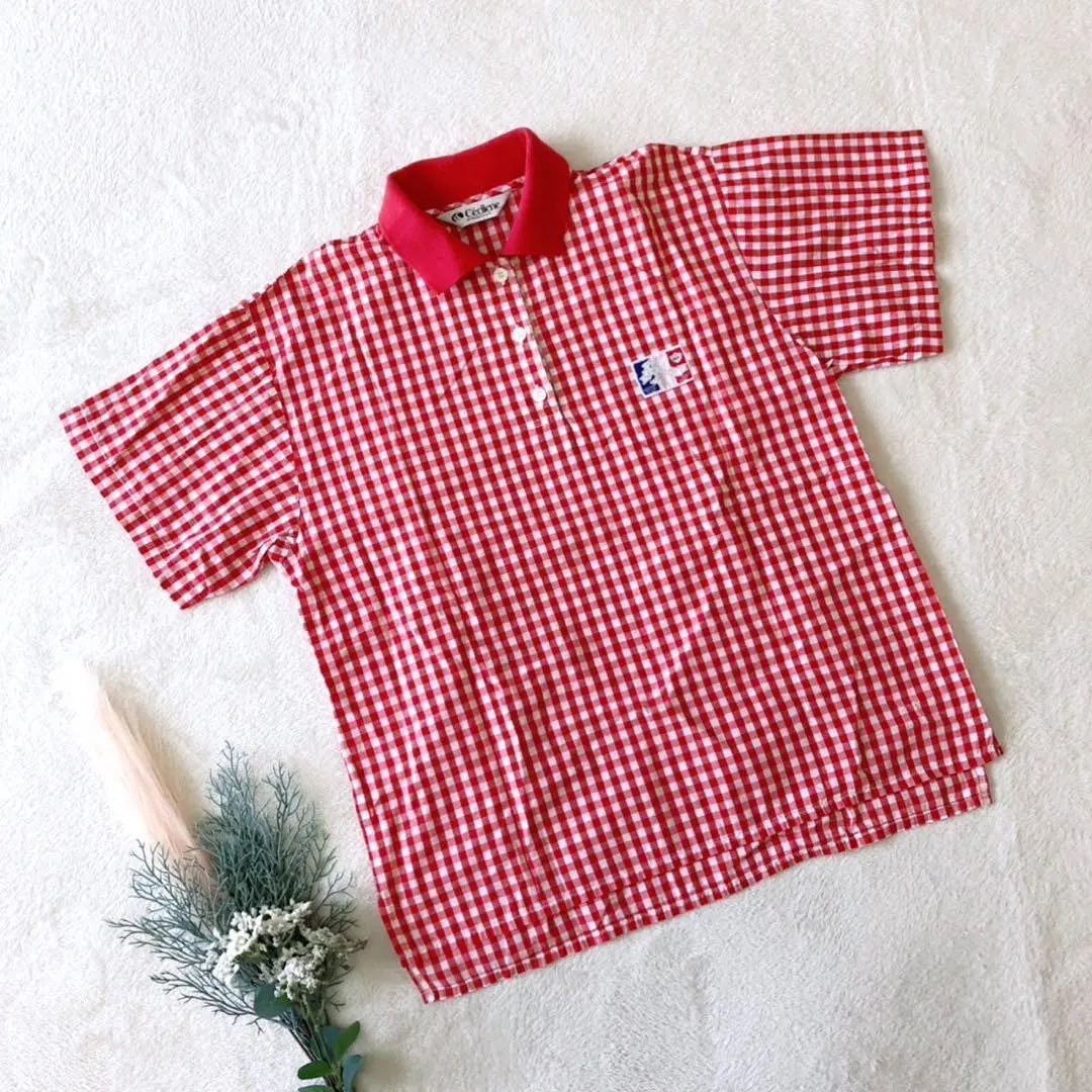 T186 Cecilene Short Sleeve Polo Shirt Checkered Cotton Collared Red | T186 セシレーヌ 半袖ポロシャツ チェック柄 コットン 襟あり レッド