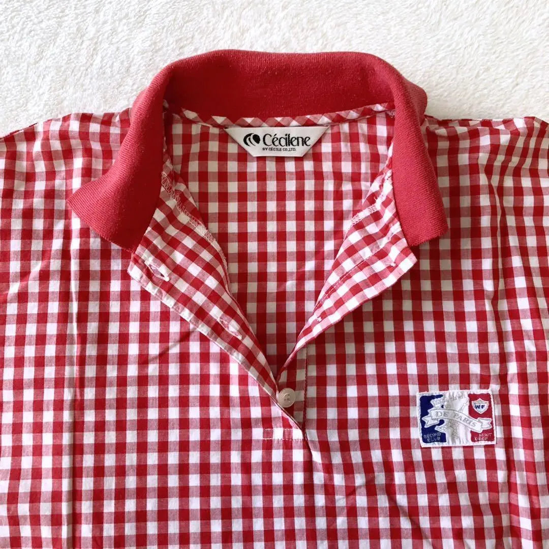 T186 Cecilene Short Sleeve Polo Shirt Checkered Cotton Collared Red | T186 セシレーヌ 半袖ポロシャツ チェック柄 コットン 襟あり レッド