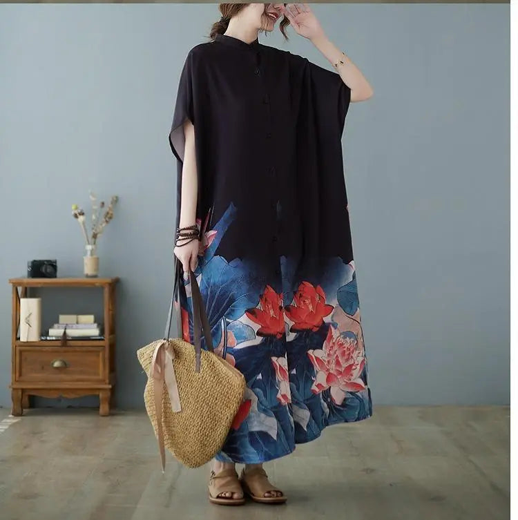 Large size for women, spring, summer, floral dress, long, new, short sleeves, autumn