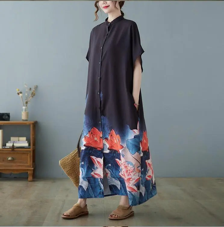 Large size for women, spring, summer, floral dress, long, new, short sleeves, autumn