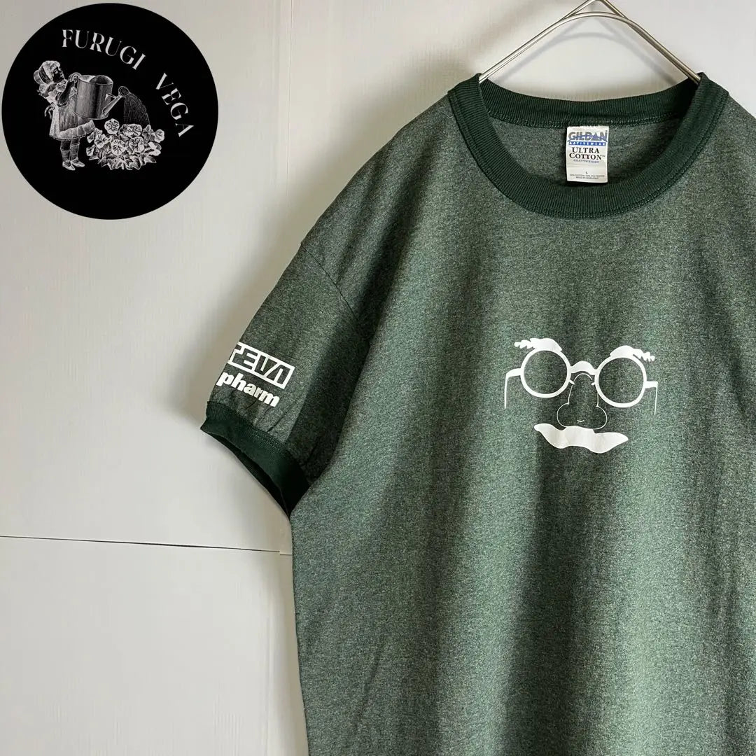 [Ringer T-shirt] Printed t-sleeved glasses GILDAN Green L Overseas old clothes