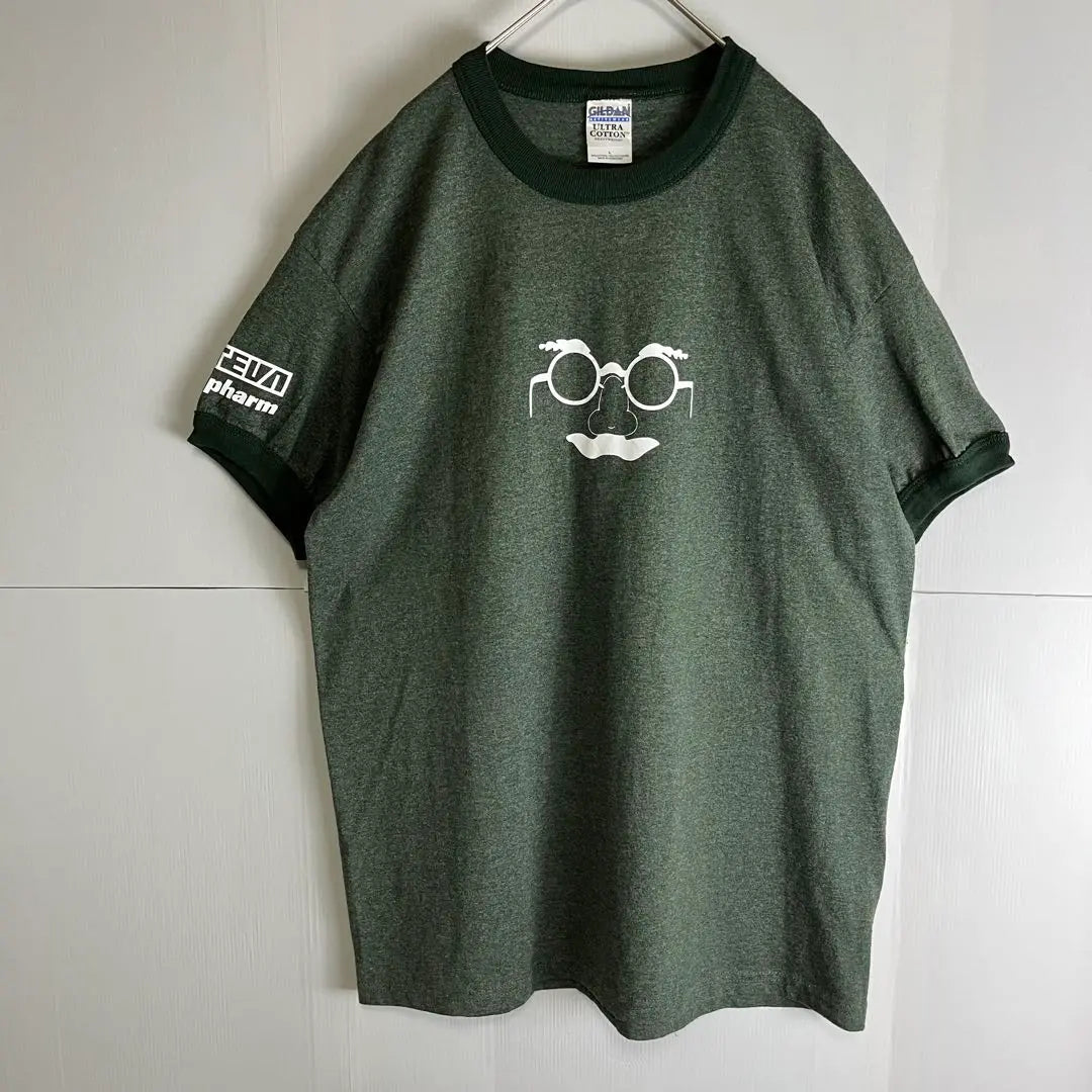 [Ringer T-shirt] Printed t-sleeved glasses GILDAN Green L Overseas old clothes