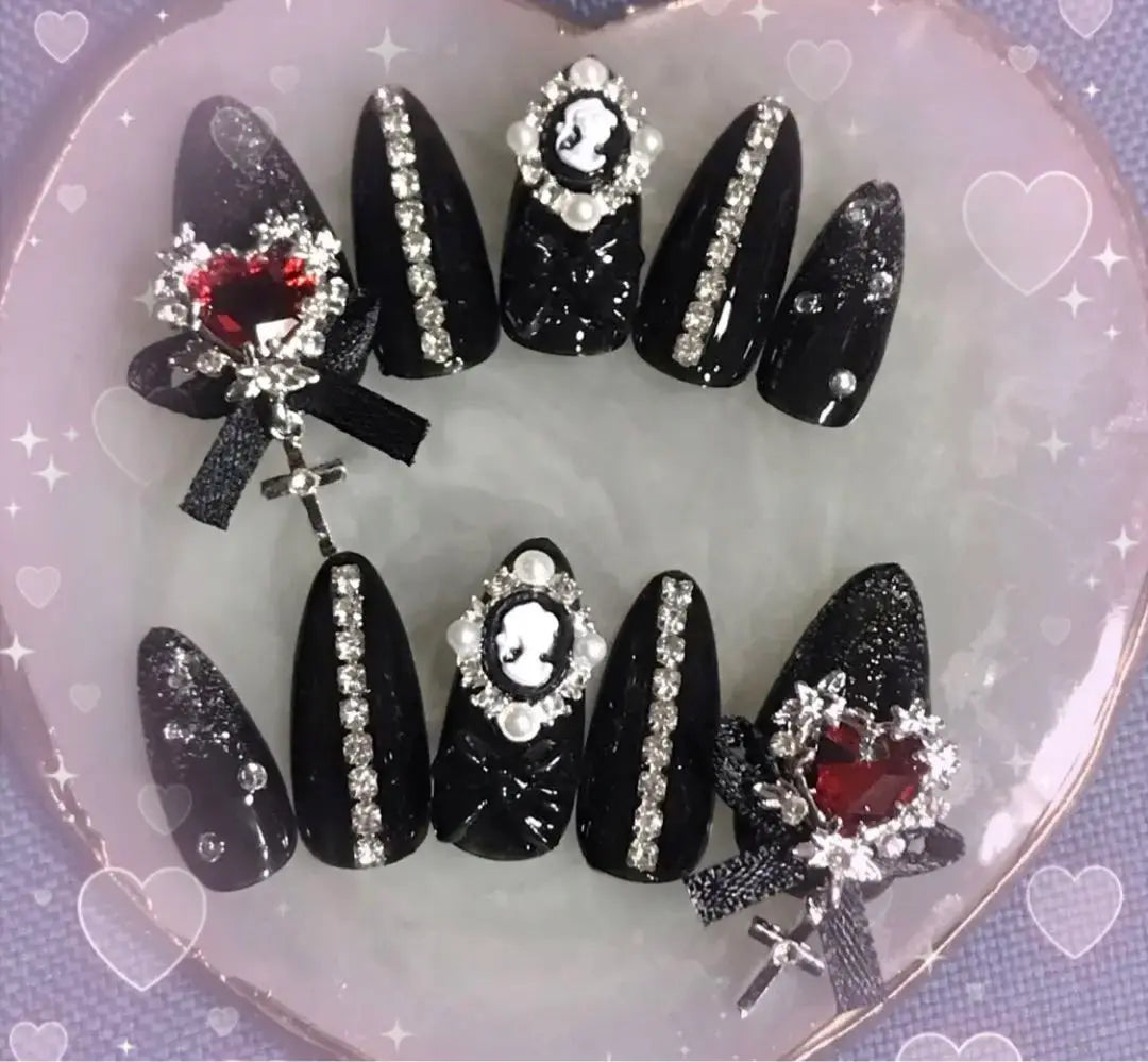 Order French Girly Black Heart Bijoux Landmine Pain Otaku Nail Tip