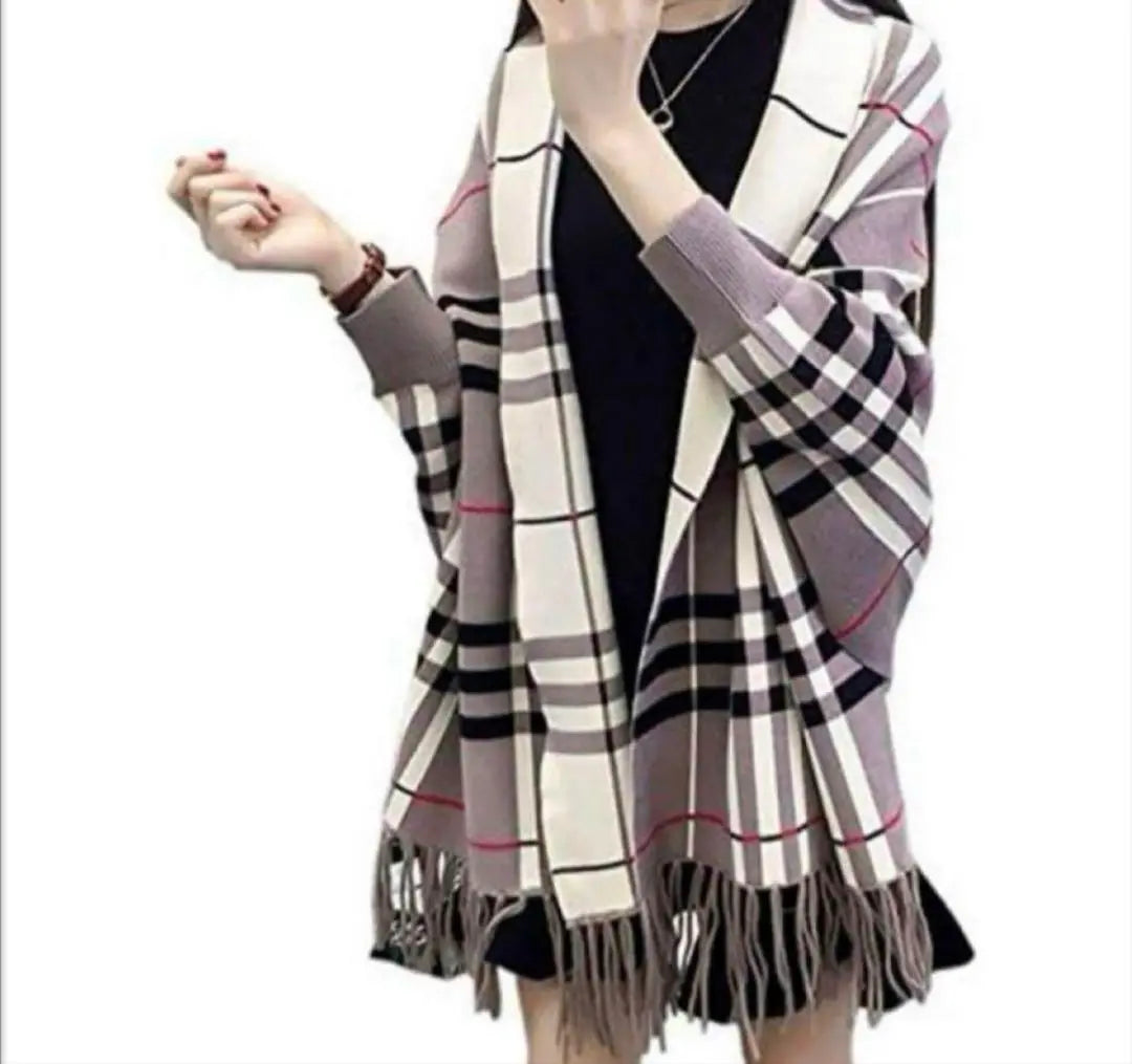 [3way] Sleeve-equipped stole large cardigan check pattern poncho outerwear