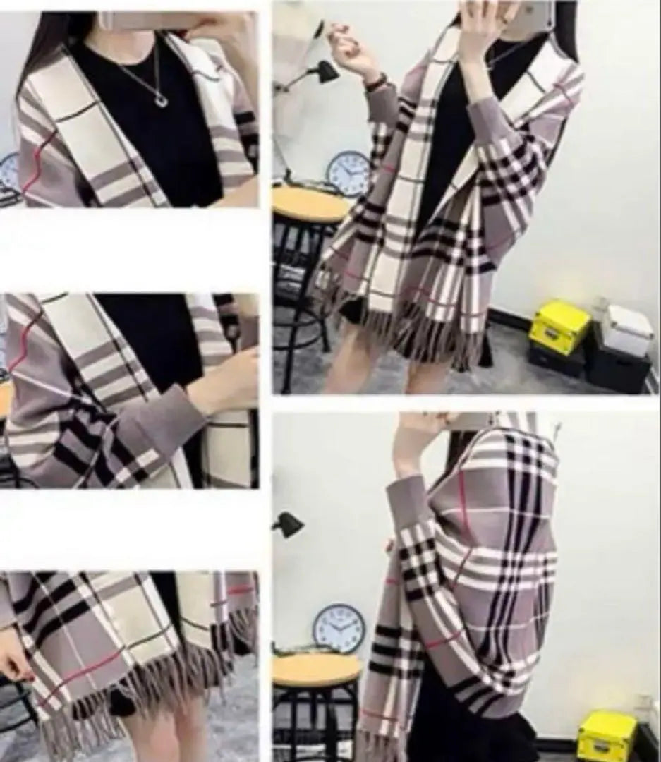 [3way] Sleeve-equipped stole large cardigan check pattern poncho outerwear