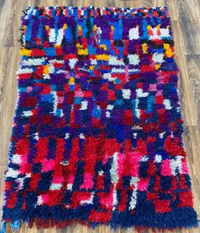 Alfombra marroquí vintage n.° 136, rara, rosa, azul, violeta, rojo y amarillo