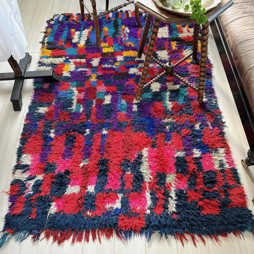 Moroccan vintage rug 136 rare pink blue purple red yellow