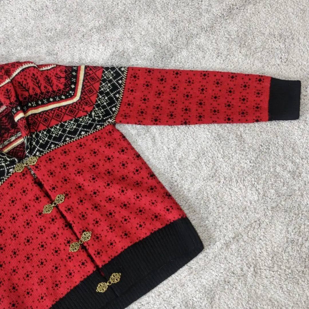 Vintage Tyrolean Cardigan Nordic Sweater Clip Long Sleeve Red