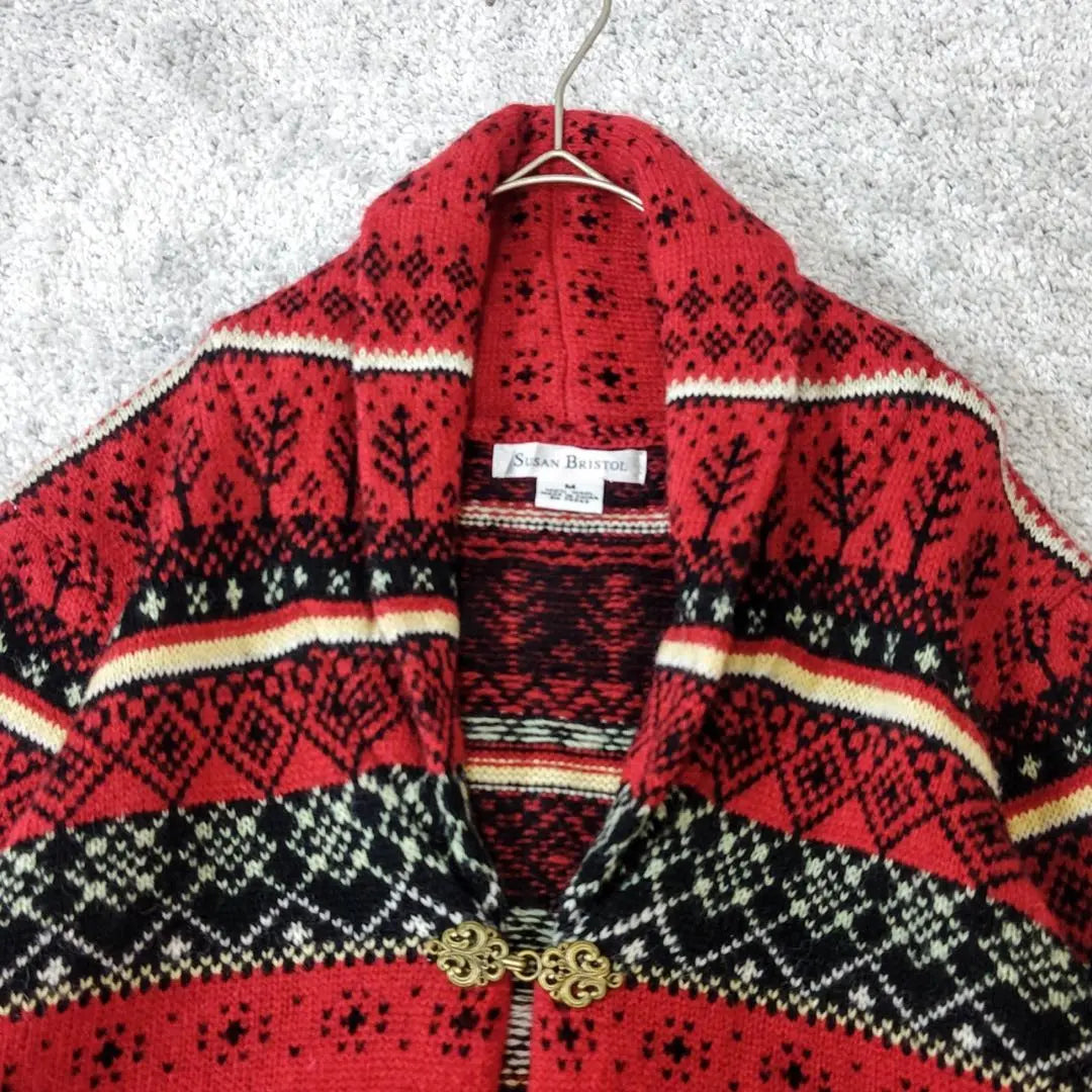 Vintage Tyrolean Cardigan Nordic Sweater Clip Long Sleeve Red