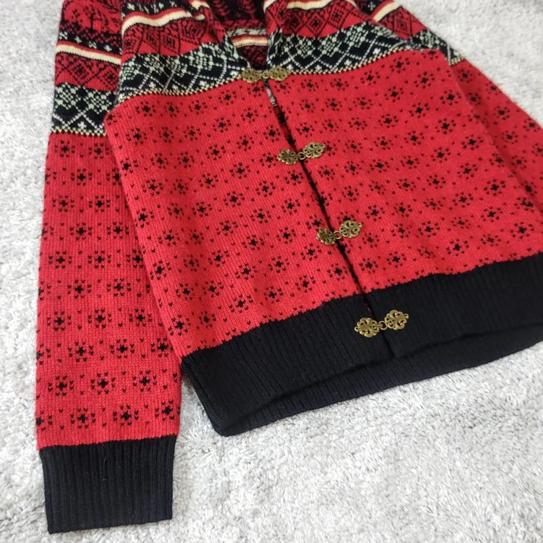 Vintage Tyrolean Cardigan Nordic Sweater Clip Long Sleeve Red