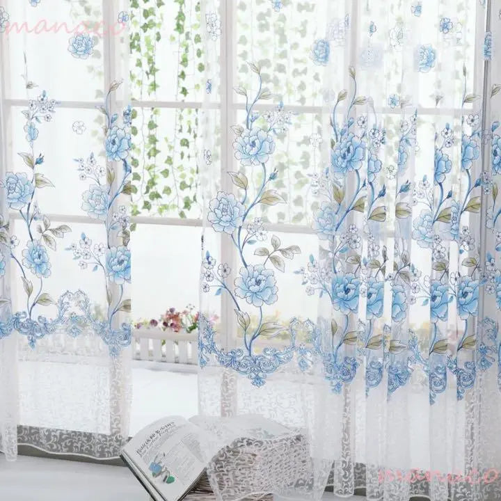 Blue, White, Washable, Mirror, Lace, Curtain, Set of 2, Noren Tension Rod