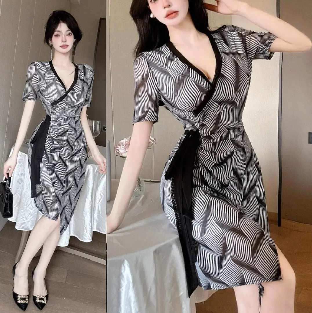 Line -in ribbon belt specification V neck kashukuru total pattern knee length dress