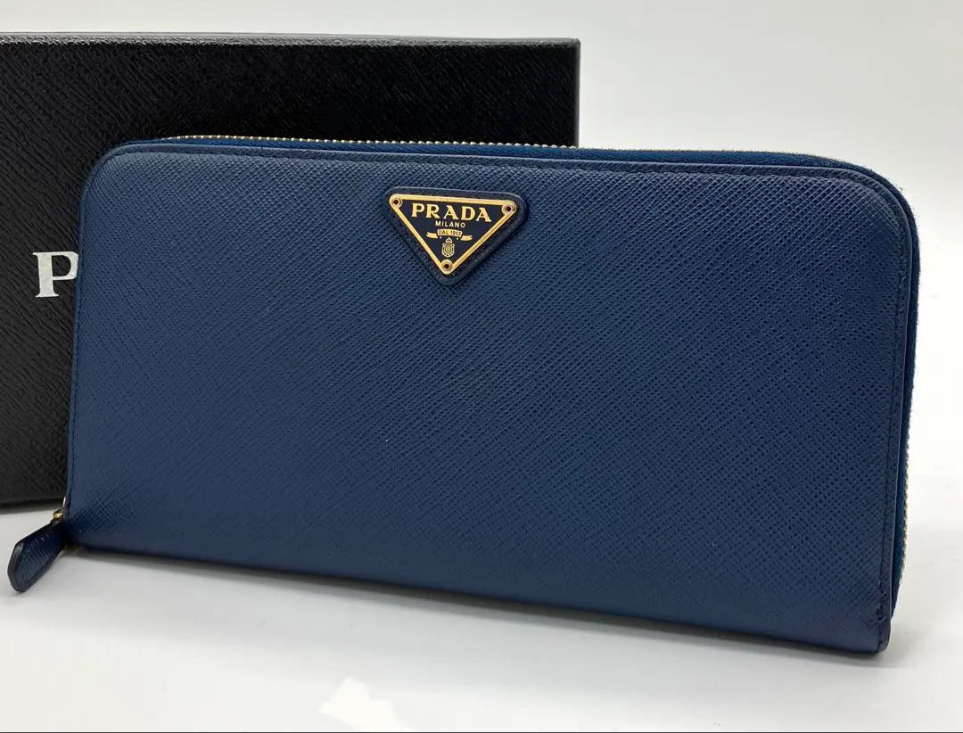 ⭐️Prada Saffiano Triangle Round Zipper Long Wallet Blue