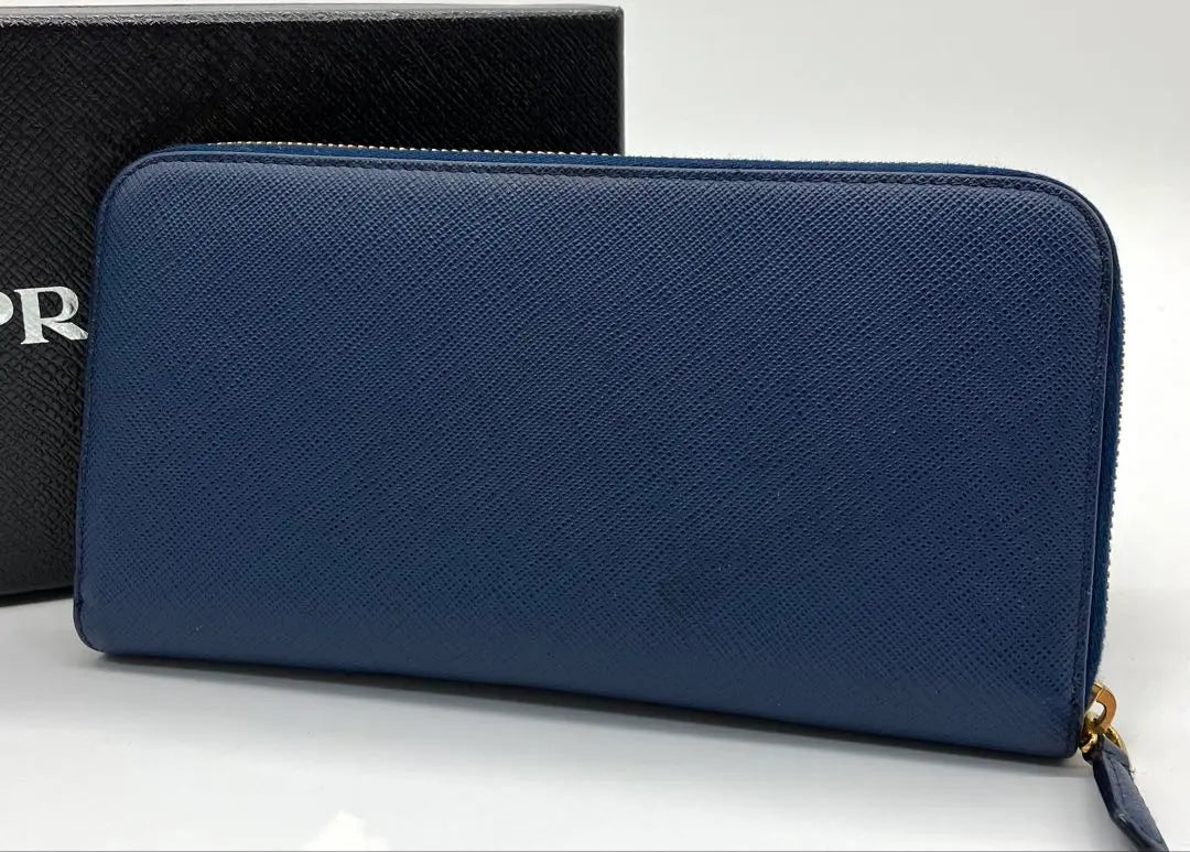 ⭐️Prada Saffiano Triangle Round Zipper Long Wallet Blue