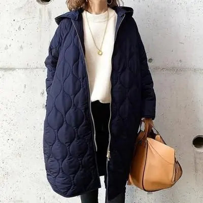 Quilted coat, long coat, plain green, knee length, hood, no collar, Korean