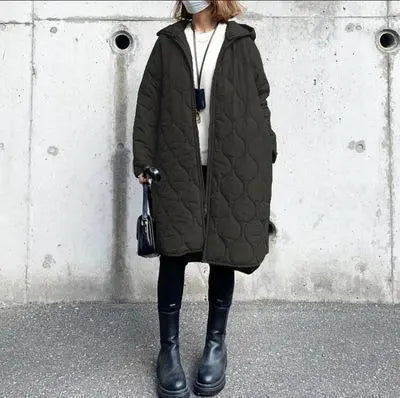 Quilted coat, long coat, plain green, knee length, hood, no collar, Korean