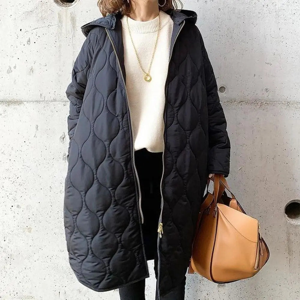 Quilted coat, long coat, plain green, knee length, hood, no collar, Korean