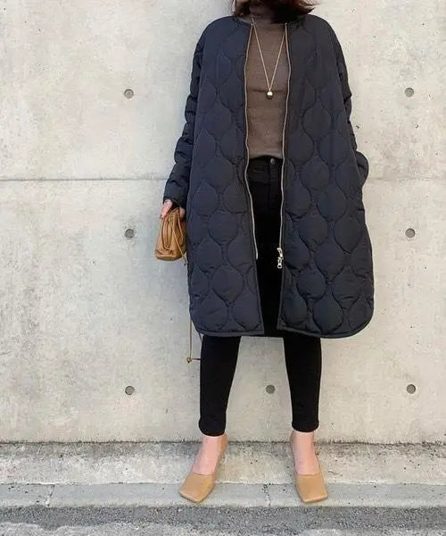 Quilted coat, long coat, plain green, knee length, hood, no collar, Korean