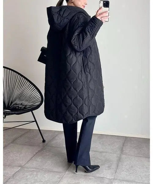 Quilted coat, long coat, plain green, knee length, hood, no collar, Korean